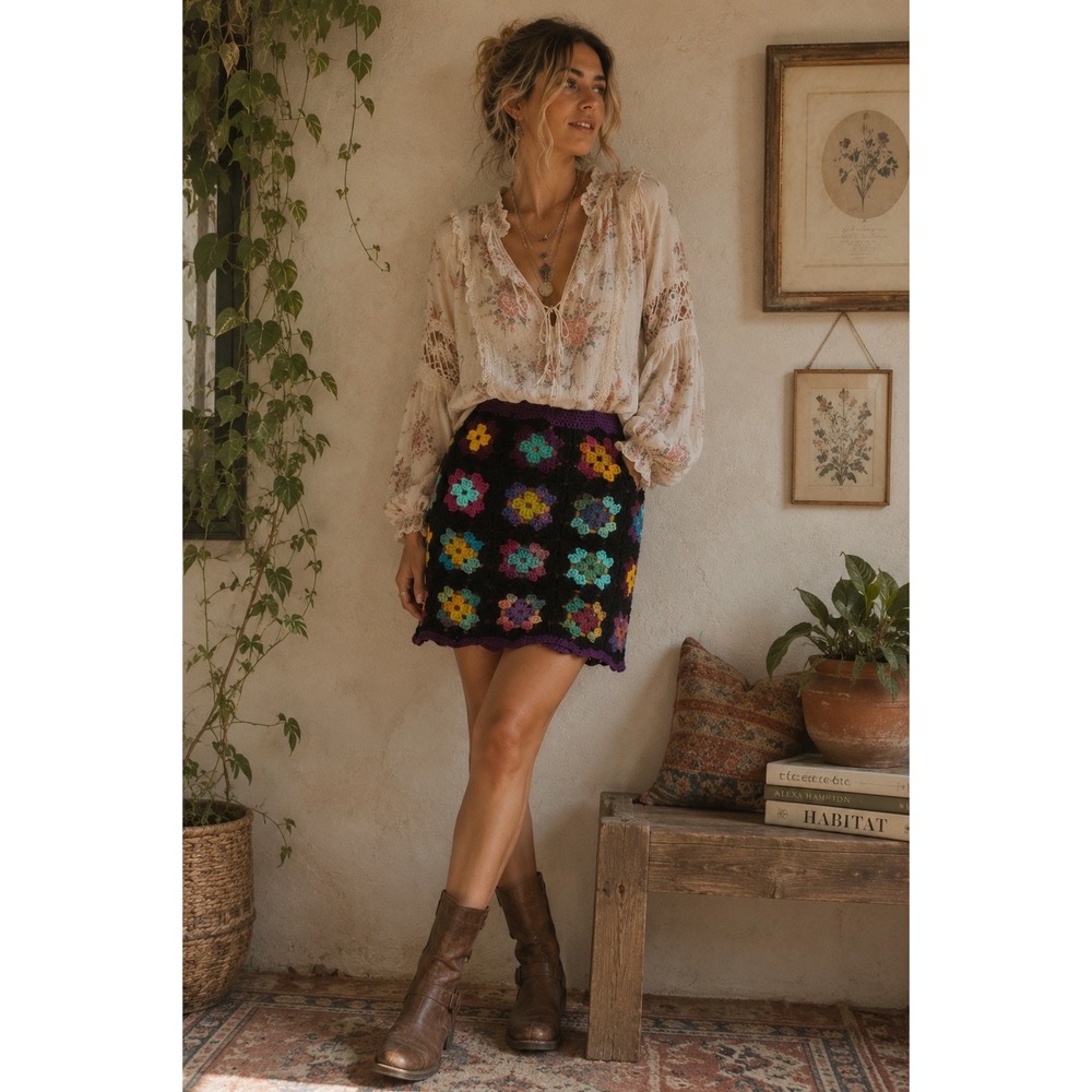 Bohemian Granny Square Crochet Mini Skirt B Patchwork Lined Boho‎ Handmade